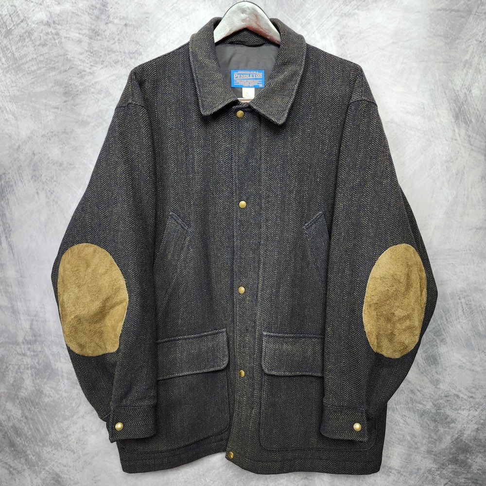 Vintage Pendleton Wool Herringbone Barn Coat Mens M Field Jacket Suede USA